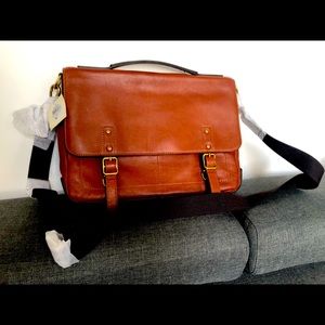 Fossil Leather Messenger Briefcase Portfolio Brief Workbag, Cognac, One Size US
